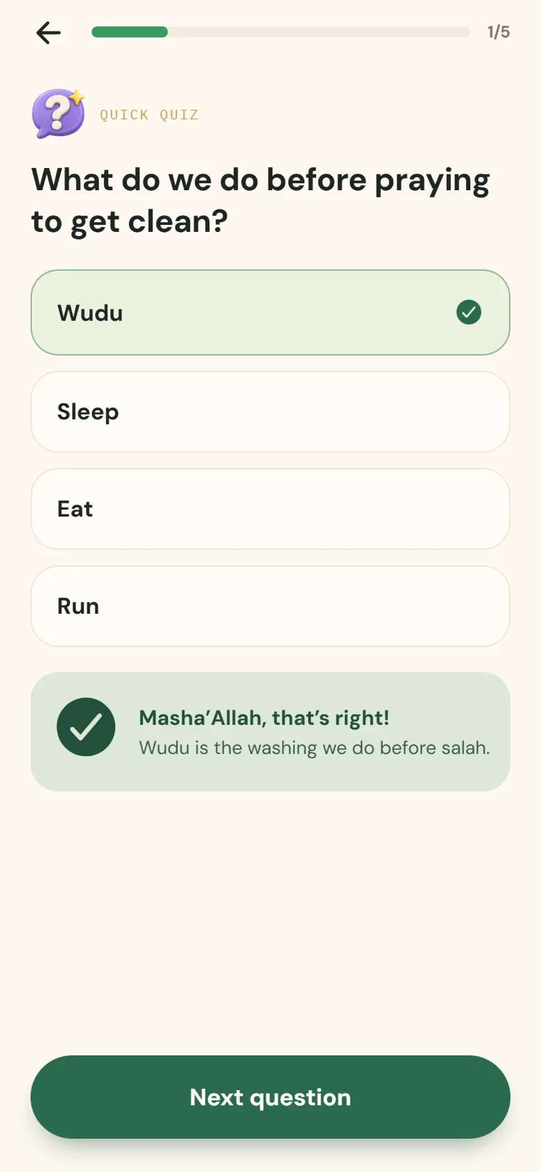 A quiz question answered correctly: Wudu